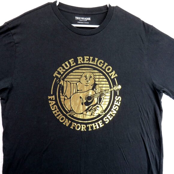 True Religion T Shirt Mens Sz Extra Large Black G old Foil Graphic Short Sleeve - Picture 2 of 9